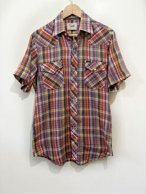Vintage 70s Lee Western Pearl Snap Plaid Short Sleeve Shirt Made in USA Medium